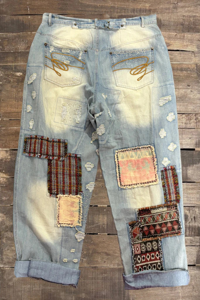 Jaded Gypsy Peace and Love Patchwork Denim Pants