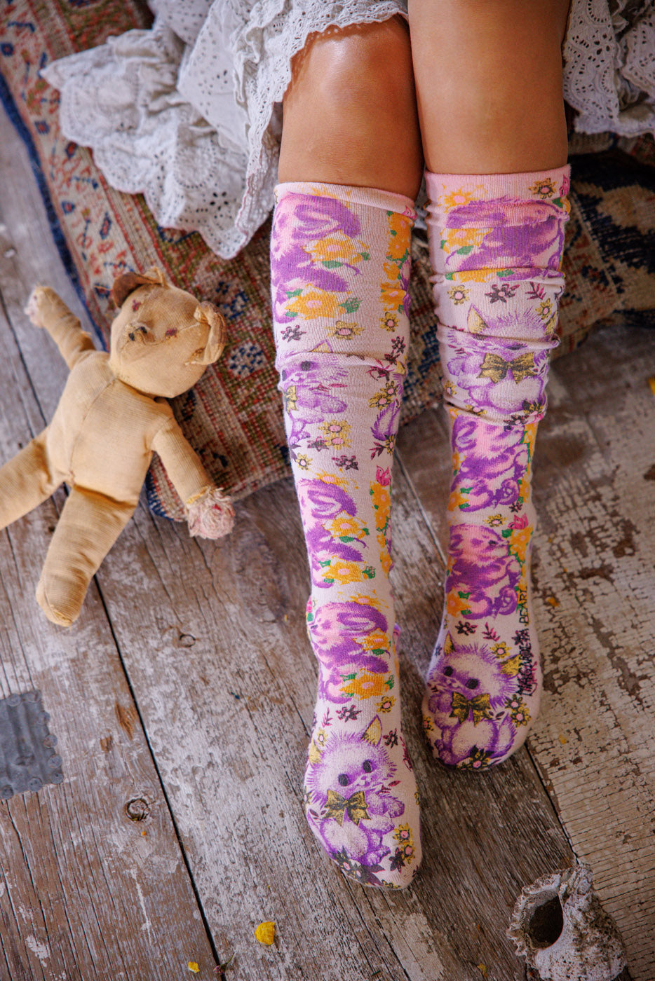 Magnolia Pearl Floral Teddy OTK Socks 142 - Snowball