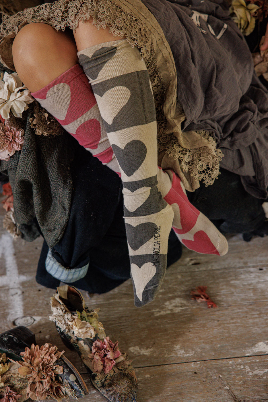 Magnolia Pearl Block Heart Over-The-Knee Socks 178 - Queen of Hearts