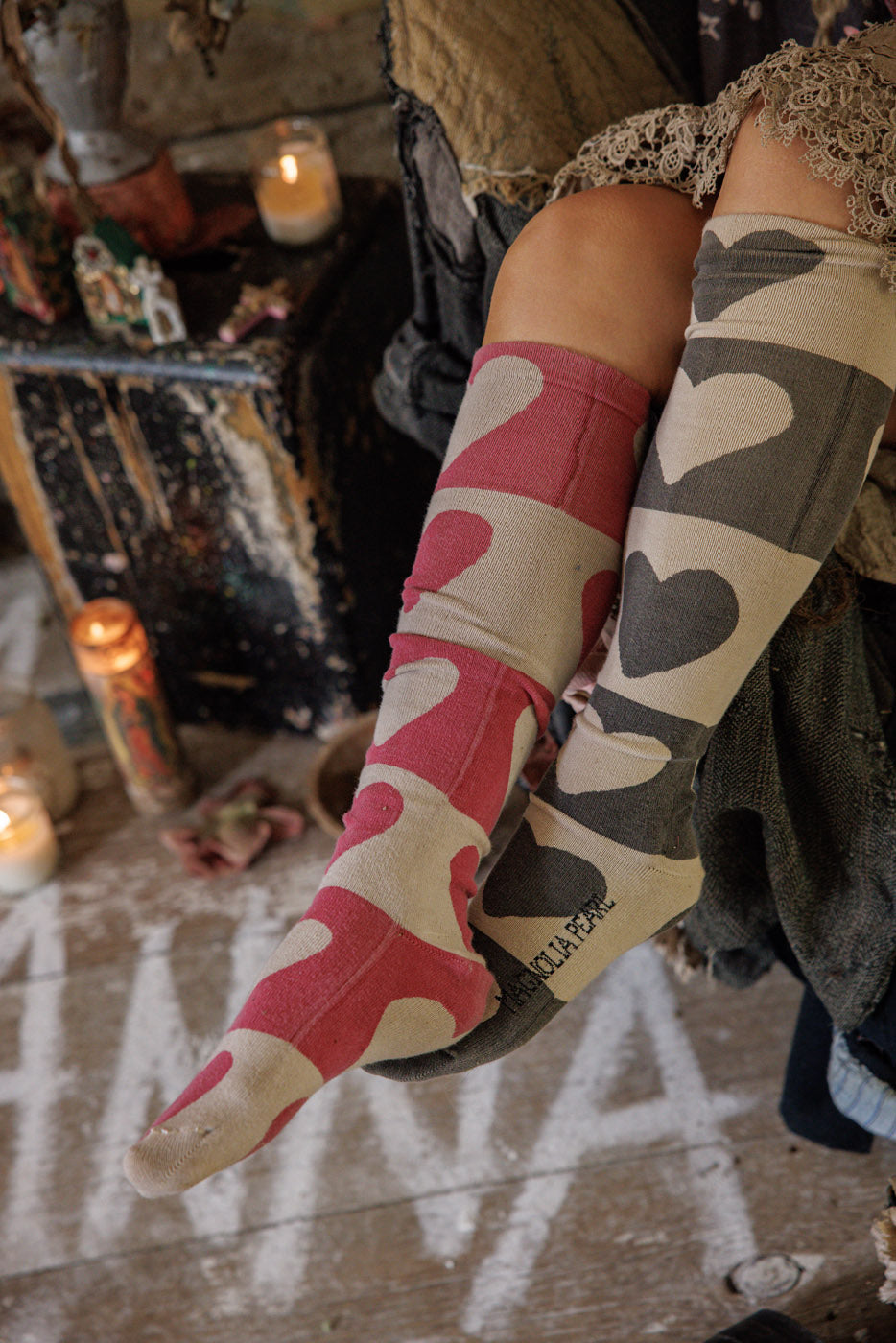 Magnolia Pearl Block Heart Over-The-Knee Socks 178 - Queen of Hearts
