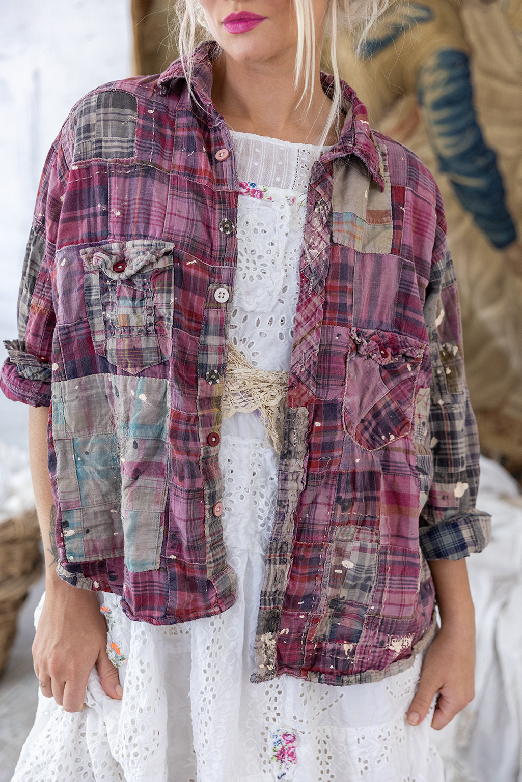 Magnolia Pearl Patchwork Kelly Western Shirt 1508 - Madras Pink