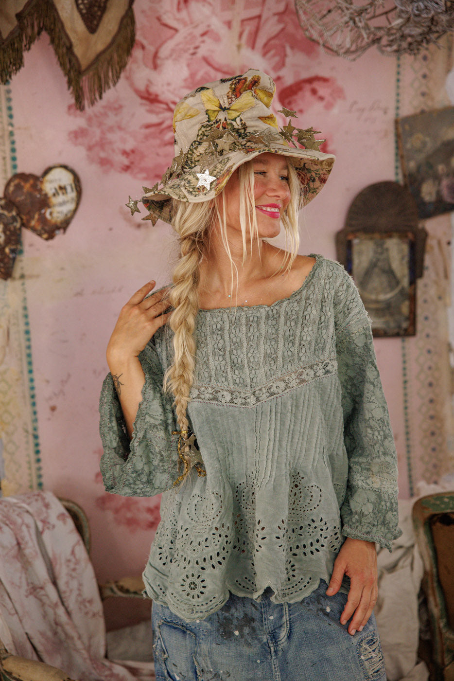 Magnolia Pearl Crochet Jodi Blouse 2320 - Seafoam Gray