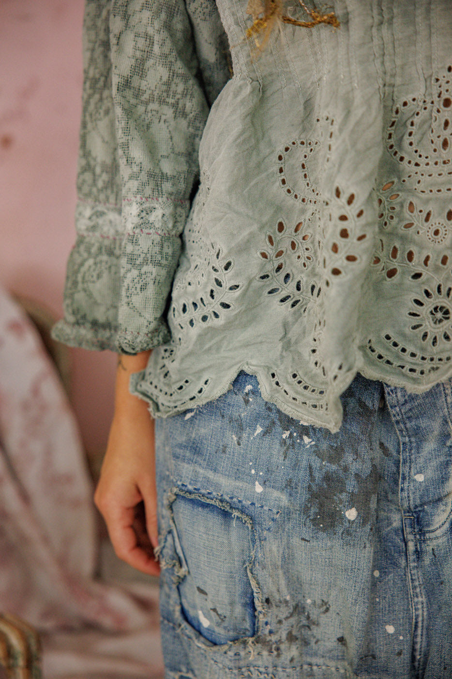 Magnolia Pearl Crochet Jodi Blouse 2320 - Seafoam Gray