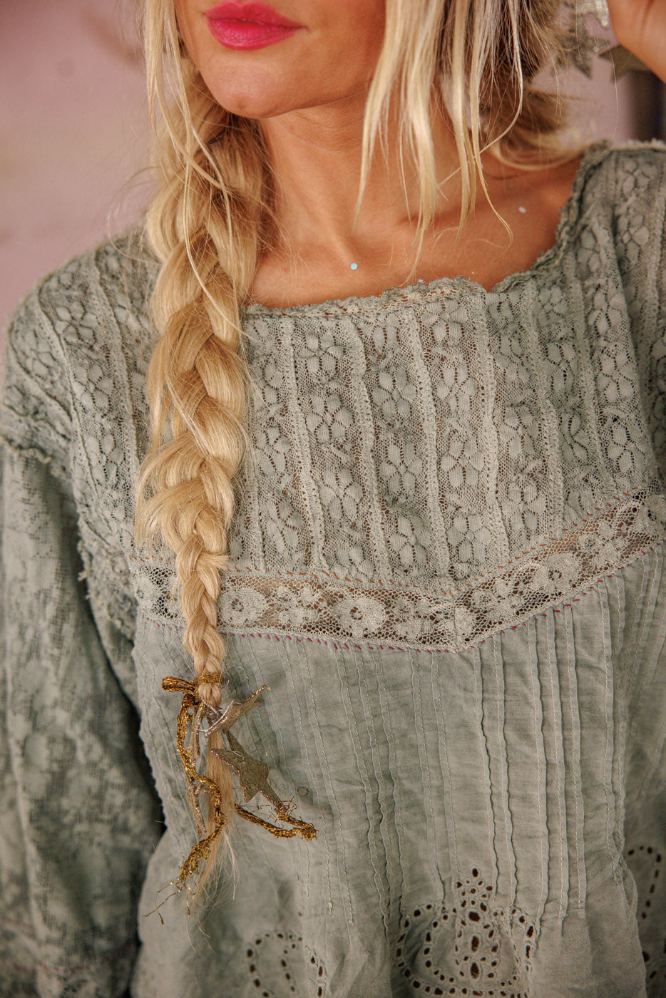Magnolia Pearl Crochet Jodi Blouse 2320 - Seafoam Gray