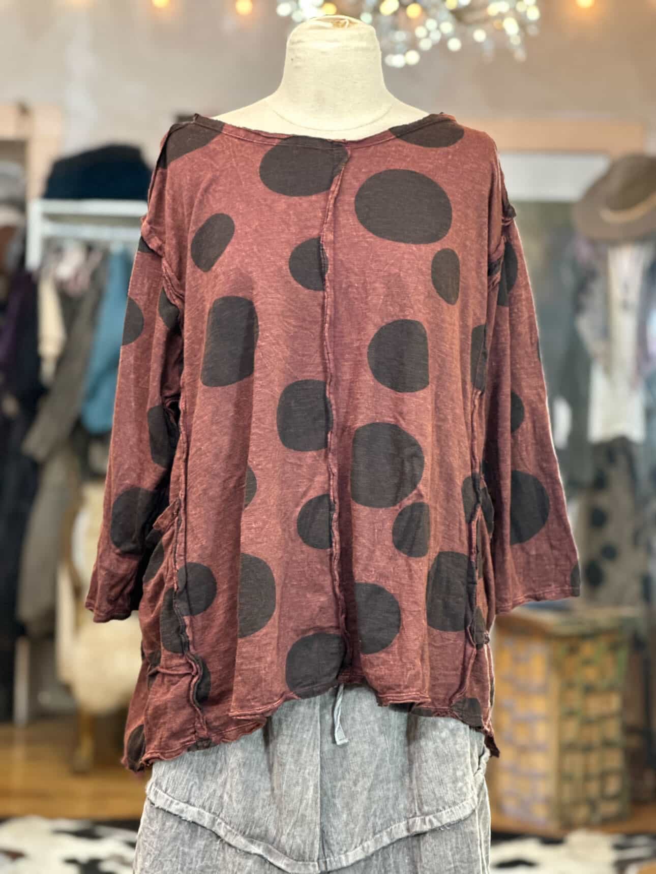 Krista Larson Tunic Long Sleeve Polka Dots printed Jersey - Mahogany