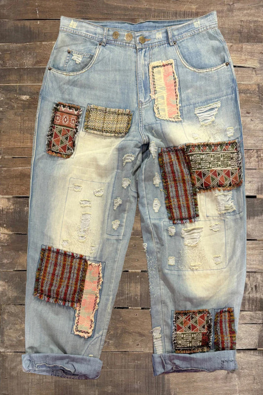 Jaded Gypsy Peace and Love Patchwork Denim Pants