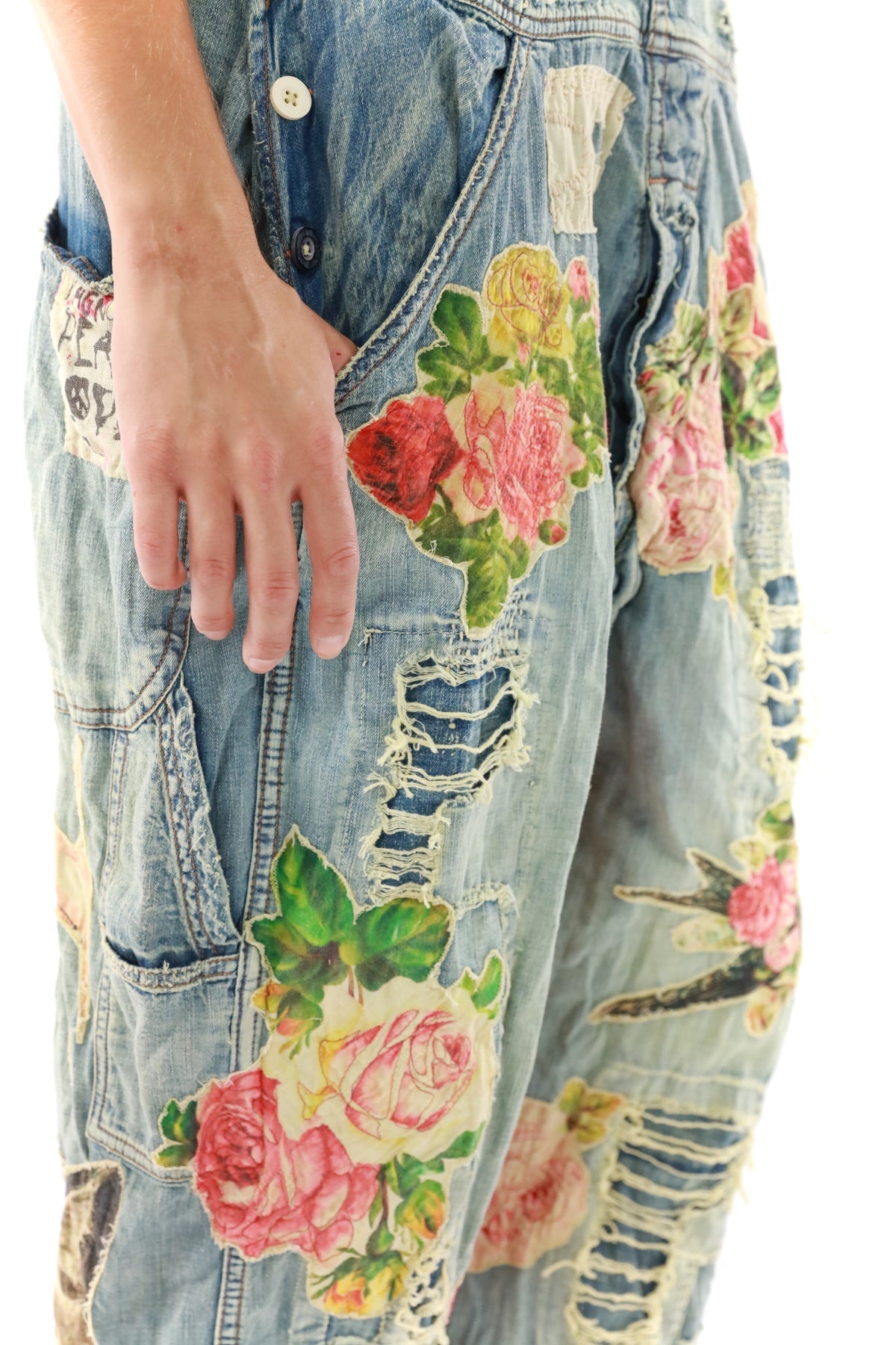 Floral Appliqué Overalls- Washed Indigo