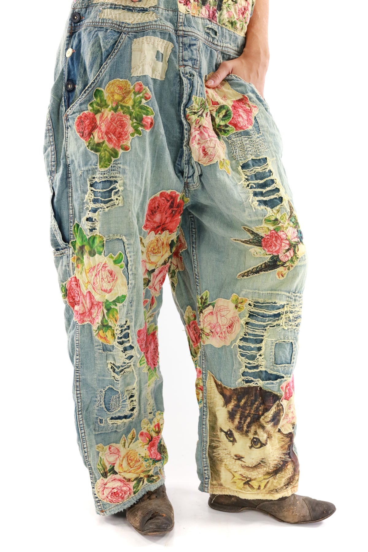 Floral Appliqué Overalls- Washed Indigo