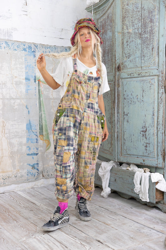 Patchwork Love Overalls- Madras Blue