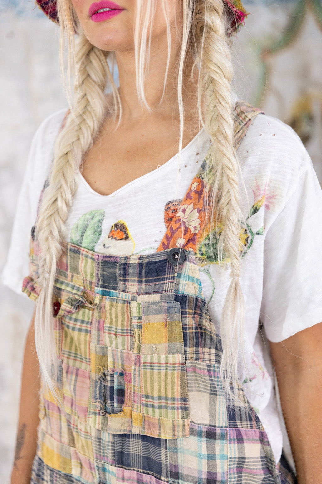 Patchwork Love Overalls- Madras Blue