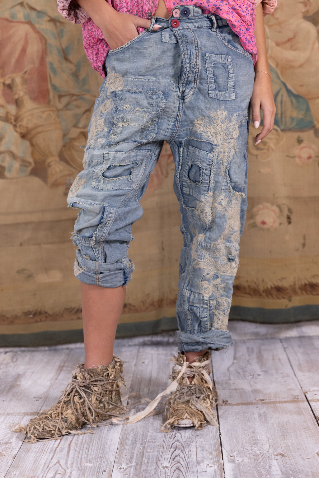 Lace Embroidered Miner Denims - Washed Denim