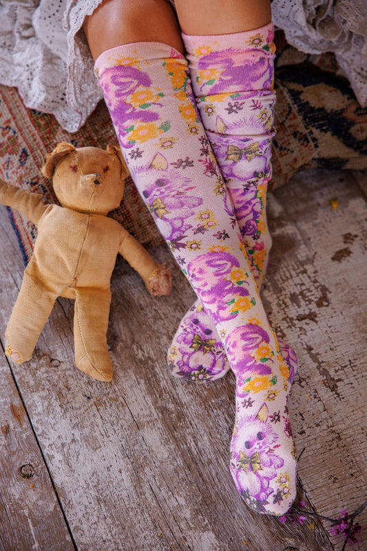 Magnolia Pearl Floral Teddy OTK Socks 142 - Snowball