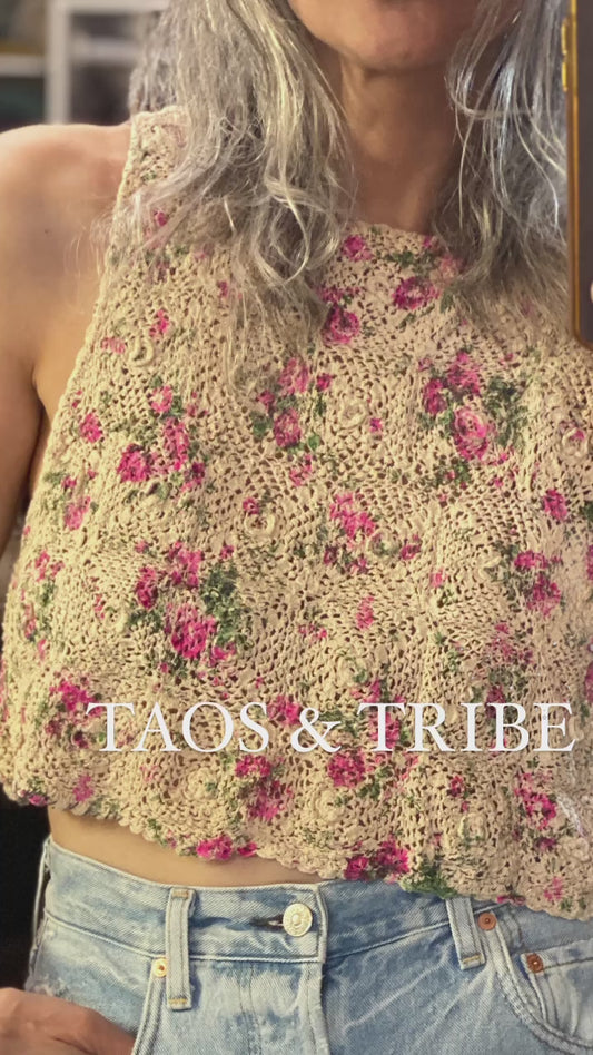 Magnolia Pearl Crochet Tithonia Tiny Tank in Strawberry Roses - TOP1623